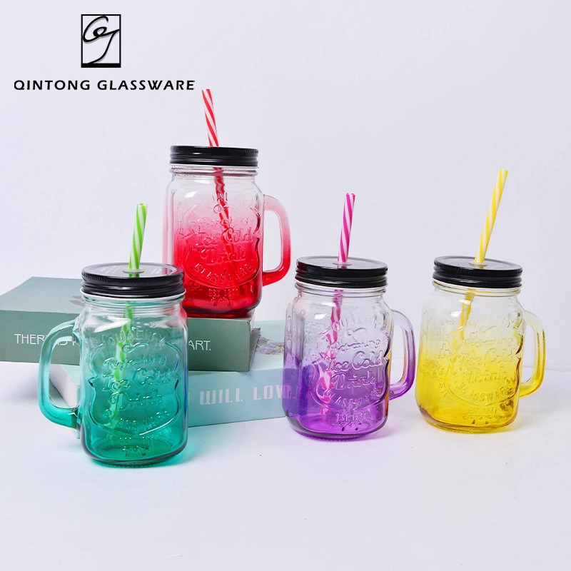 Wholesale 500ml 16oz Mason Glass Jar with Handle Lids and Straws for Drinking Preserving