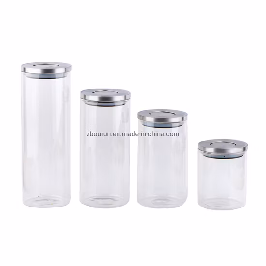 Bouteille en verre borosilicaté à large ouverture/boîte en verre/pot en verre borosilicaté/pot de stockage en verre/pot alimentaire en verre/avec couvercle en acier inoxydable